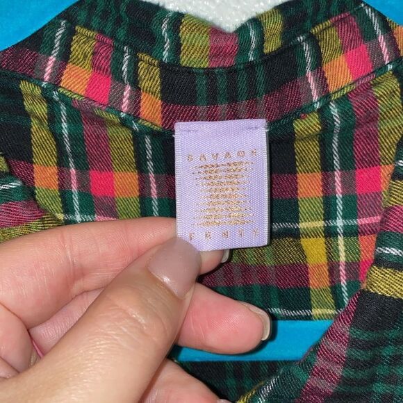 Savage X Fenty- Plaid Cropped button down - Green/Pink Plaid - Size small - Picture 4 of 7